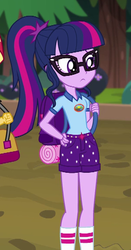 Size: 300x571 | Tagged: safe, screencap, sci-twi, twilight sparkle, equestria girls, g4, my little pony equestria girls: legend of everfree, camp everfree outfits, clothes, cropped, female, glasses, ponytail, shorts, socks, solo