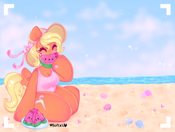 Size: 4000x3000 | Tagged: safe, artist:bunxl, oc, oc only, pegasus, anthro, unguligrade anthro, anthro oc, arm hooves, beach, breasts, cleavage, clothes, eating, eyes closed, female, food, herbivore, one-piece swimsuit, solo, swimsuit, watermelon
