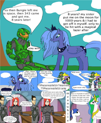 Size: 1024x1250 | Tagged: safe, artist:thet7770ify, edit, dj pon-3, princess celestia, princess luna, vinyl scratch, alicorn, human, pony, comic:master chief and luna hanging out, g4, clipboard, comic, crossover, female, halo (series), implied stripping, luigi, male, mare, mass effect, master chief, master chief and luna hanging out, meme origin, metroid, misspelling, s1 luna, samus aran, tali'zorah vas normandy