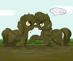 Size: 1800x1500 | Tagged: safe, artist:dudey64, artist:plinko, oc, oc:box-filly, oc:sweetwater, bog, boop, covered in mud, mud, mud bath, muddy, noseboop, shipping, sweetbox, wet and messy