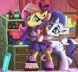 Size: 1600x1465 | Tagged: safe, artist:saxopi, fluttershy, rarity, pegasus, pony, unicorn, g4, carousel boutique, clothes, dressing, duo, female, mare, measuring tape