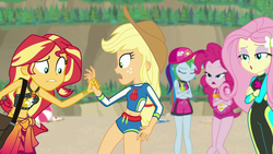 Size: 1920x1080 | Tagged: safe, screencap, applejack, fluttershy, pinkie pie, rainbow dash, sunset shimmer, equestria girls, equestria girls specials, g4, my little pony equestria girls: better together, my little pony equestria girls: forgotten friendship, belly button, clothes, female, geode of empathy, geode of fauna, geode of sugar bombs, geode of super speed, geode of super strength, magical geodes, midriff, sleeveless, summer sunset, swimsuit, wetsuit