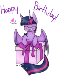 Size: 486x626 | Tagged: safe, artist:yourbestnightmaree, twilight sparkle, alicorn, pony, g4, birthday, blushing, eyes closed, female, grin, happy birthday, heart, mare, present, signature, simple background, smiling, solo, spread wings, twilight sparkle (alicorn), white background, wings