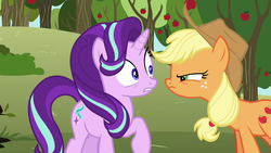 Size: 1280x720 | Tagged: safe, screencap, applejack, starlight glimmer, earth pony, pony, unicorn, g4, no second prances, angry, apple, apple tree, applejack's hat, bags under eyes, cowboy hat, duo, female, food, freckles, glare, hat, looking at each other, mare, nervous, ponytail, raised hoof, squint, stetson, sweet apple acres, tree