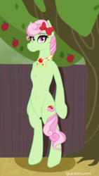 Size: 720x1280 | Tagged: safe, artist:oneoddlady, artist:skydiggitydive, florina tart, anthro, g4, apple, apple family member, apple tree, ascot, clothes, collaboration, cute, digital art, fence, florinadorable, food, full, scarf, skinny, solo, thin, tree