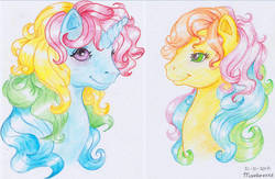 Size: 600x392 | Tagged: safe, artist:silvermoonbreeze, moonstone, trickles, g1, duo, rainbow ponies, simple background, traditional art