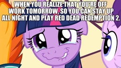 Size: 1366x768 | Tagged: safe, edit, edited screencap, screencap, starlight glimmer, sunburst, twilight sparkle, alicorn, pony, g4, shadow play, crying, floppy ears, image macro, meme, red dead redemption, red dead redemption 2, relatable, tears of joy, text, twilight sparkle (alicorn), video game