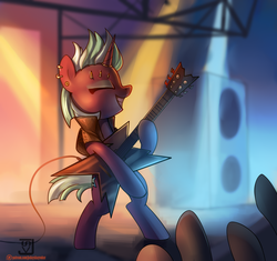 Size: 1148x1080 | Tagged: safe, artist:jedayskayvoker, oc, oc only, pony, unicorn, audience, bipedal, clothes, concert, electric guitar, eyes closed, female, guitar, musical instrument, punk, solo, stage