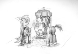 Size: 3702x2576 | Tagged: safe, artist:instant-noodle5, derpy hooves, doctor whooves, time turner, earth pony, pony, g4, clothes, high res, lineart, monochrome, traditional art