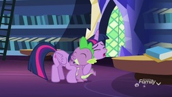 Size: 1920x1080 | Tagged: safe, screencap, spike, twilight sparkle, alicorn, dragon, pony, father knows beast, g4, book, bookshelf, hug, ladder, library, twilight sparkle (alicorn), twilight's castle, twilight's castle library, winged spike, wings