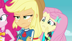 Size: 1920x1080 | Tagged: safe, screencap, applejack, fluttershy, pinkie pie, equestria girls, equestria girls specials, g4, my little pony equestria girls: better together, my little pony equestria girls: forgotten friendship, clothes, female, geode of fauna, geode of sugar bombs, geode of super strength, magical geodes, sleeveless