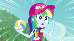 Size: 1920x1080 | Tagged: safe, screencap, rainbow dash, equestria girls, equestria girls specials, g4, my little pony equestria girls: better together, my little pony equestria girls: forgotten friendship, ball, beach, beach ball, beach volleyball, belly, belly button, bikini, cap, clothes, dynamic lines, female, geode of super speed, hat, lines, magical geodes, midriff, sleeveless, speed lines, swimsuit, tankini
