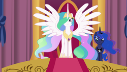 Size: 1920x1080 | Tagged: safe, screencap, princess celestia, princess luna, alicorn, pony, equestria girls, equestria girls specials, g4, my little pony equestria girls: better together, my little pony equestria girls: forgotten friendship, duo, ethereal mane, female, hair over one eye, hoof shoes, mare, royal sisters, spread wings, starry mane, wings