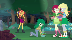 Size: 1920x1080 | Tagged: safe, screencap, derpy hooves, roseluck, sunset shimmer, wallflower blush, equestria girls, equestria girls specials, g4, my little pony equestria girls: better together, my little pony equestria girls: forgotten friendship, 1080p, background human, bonsai, boots, clothes, converse, cute, flowerbetes, garden, gardener, geode of empathy, happy, magical geodes, rosabetes, sandals, shimmerbetes, shoes, skirt, sneakers, socks, socks with sandals, sweater, wallflower and plants, wide eyes