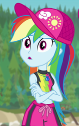 Size: 587x927 | Tagged: safe, screencap, rainbow dash, equestria girls, equestria girls series, forgotten friendship, g4, cap, clothes, crossed arms, female, geode of super speed, hat, magical geodes, shorts, sleeveless, swimsuit