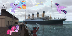 Size: 999x499 | Tagged: safe, artist:didgereethebrony, artist:ken marschall, cloudchaser, pinkie pie, rainbow dash, scootaloo, starlight glimmer, twilight sparkle, alicorn, pony, g4, flying, irl, ocean, ocean liner, photo, ponies in real life, ship, this will end in tears, titanic, twilight sparkle (alicorn), waving