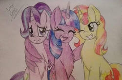 Size: 1024x666 | Tagged: safe, artist:enviaart, starlight glimmer, sunset shimmer, twilight sparkle, alicorn, pony, unicorn, g4, chest fluff, cute, eyes closed, female, hug, mare, open mouth, sitting, sketch, smiling, traditional art, trio, twilight sparkle (alicorn), winghug