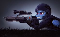 Size: 3378x2068 | Tagged: safe, artist:das_leben, derpibooru exclusive, rainbow dash, g4, armor, commission, crossover, grenade, helmet, high res, mobile infantry, scar, simple background, starship troopers, weapon