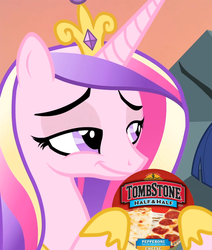 Size: 914x1080 | Tagged: safe, edit, edited screencap, screencap, princess cadance, twilight sparkle, pony, g4, three's a crowd, cadance's pizza delivery, cheap, cheese, cropped, crown, female, food, holding, horn, jewelry, meat, meme, offscreen character, peetzer, pepperoni, pepperoni pizza, pizza, ponies eating meat, regalia, smiling, smirk, smug, solo, that pony sure does love pizza
