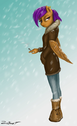 Size: 4402x7176 | Tagged: safe, artist:zackira, scootaloo, anthro, g4, absurd resolution, boots, cigarette, clothes, coat, ear piercing, earring, female, jewelry, older, piercing, shoes, smoking, solo