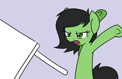Size: 1026x666 | Tagged: safe, artist:anonymous, oc, oc only, oc:filly anon, pony, angry, drawthread, female, filly, open mouth, reaction image, solo, table flip