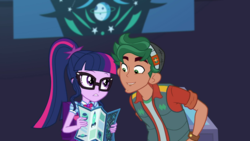 Size: 1280x720 | Tagged: safe, screencap, sci-twi, timber spruce, twilight sparkle, equestria girls, g4, my little pony equestria girls: better together, star crossed, clothes, female, geode of telekinesis, glasses, magical geodes, male, ponytail, smiling, vest