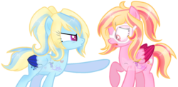 Size: 1324x645 | Tagged: safe, artist:doroshll, oc, oc only, oc:raspberry cream, pegasus, pony, female, goggles, mare, simple background, sisters, transparent background