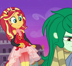 Size: 1192x1080 | Tagged: safe, screencap, sunset shimmer, wallflower blush, equestria girls, equestria girls series, forgotten friendship, g4, cropped, sleeveless, super ponied up