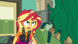 Size: 1920x1080 | Tagged: safe, screencap, sunset shimmer, wallflower blush, equestria girls, equestria girls specials, g4, my little pony equestria girls: better together, my little pony equestria girls: forgotten friendship, classroom, clothes, furious, jacket