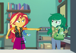 Size: 1433x1012 | Tagged: safe, screencap, sunset shimmer, trixie, wallflower blush, equestria girls, equestria girls series, forgotten friendship, g4, bag, book, classroom, clothes, cropped, door, geode of empathy, jacket, magical geodes, pants, pointing