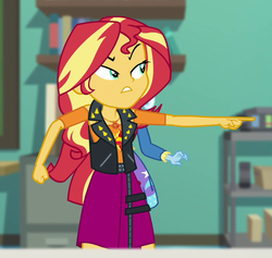 Size: 830x786 | Tagged: safe, screencap, sunset shimmer, trixie, equestria girls, equestria girls specials, g4, my little pony equestria girls: better together, my little pony equestria girls: forgotten friendship, clothes, cropped, female, geode of empathy, jacket, magical geodes, pointing, skirt