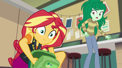 Size: 1920x1080 | Tagged: safe, screencap, sunset shimmer, wallflower blush, equestria girls, equestria girls specials, g4, my little pony equestria girls: better together, my little pony equestria girls: forgotten friendship, backpack, computer, geode of empathy, magical geodes, wide eyes