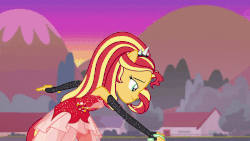 Size: 800x450 | Tagged: safe, screencap, sunset shimmer, wallflower blush, equestria girls, equestria girls specials, g4, my little pony equestria girls: better together, my little pony equestria girls: forgotten friendship, animated, blushing, female, gif, hug, ponied up, shipping fuel, super ponied up