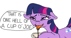 Size: 1221x653 | Tagged: safe, artist:paintanon, twilight sparkle, pony, g4, coffee, dialogue, earth pony twilight, female, israel, solo