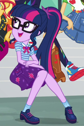 Size: 293x439 | Tagged: safe, screencap, applejack, rainbow dash, sci-twi, sunset shimmer, twilight sparkle, equestria girls, equestria girls specials, g4, my little pony equestria girls: better together, my little pony equestria girls: forgotten friendship, clothes, converse, female, geode of telekinesis, glasses, legs, magical geodes, offscreen character, open mouth, ponytail, shoes, skirt, smiling, talking