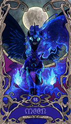 Size: 822x1425 | Tagged: safe, artist:sourcherry, derpibooru exclusive, nightmare moon, pony, g4, armor, blue fire, ethereal mane, female, fire, full moon, horn, hybrid wings, looking at you, major arcana, modern art, moon, nouveau, open mouth, slit pupils, solo, spread wings, starry mane, tarot, tarot card, wings
