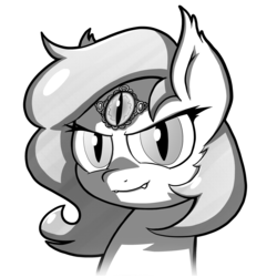 Size: 3000x3000 | Tagged: safe, artist:fimflamfilosophy, oc, oc only, bat pony, pony, buck legacy, card art, fangs, female, gem, grayscale, high res, jewelry, looking at you, mare, monochrome, simple background, slit pupils, solo, transparent background