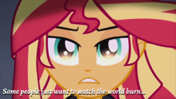 Size: 1920x1080 | Tagged: safe, edit, edited screencap, editor:apex soundwave, screencap, sunset shimmer, human, equestria girls, g4, my past is not today, close-up, evil, female, image macro, implied death, solo, text, the dark knight