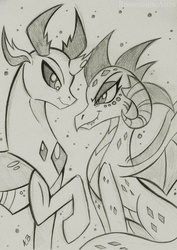 Size: 1604x2266 | Tagged: safe, artist:rossmaniteanzu, princess ember, thorax, changedling, changeling, dragon, g4, dragoness, female, gray background, grayscale, interspecies, king thorax, looking at each other, male, monochrome, pencil drawing, ship:embrax, shipping, simple background, straight, traditional art