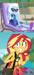 Size: 956x2100 | Tagged: safe, artist:themexicanpunisher, sunset shimmer, trixie, equestria girls, equestria girls series, forgotten friendship, g4, beach chair, chair, clothes, female, geode of empathy, lesbian, magical geodes, sarong, ship:suntrix, shipping, shipping domino, sunglasses, swimsuit