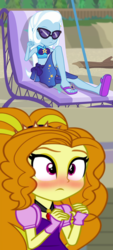Size: 948x2100 | Tagged: safe, artist:themexicanpunisher, adagio dazzle, trixie, equestria girls, equestria girls series, forgotten friendship, g4, my little pony equestria girls: rainbow rocks, beach chair, belly button, chair, clothes, female, lesbian, shipping, shipping domino, swimsuit, triagio