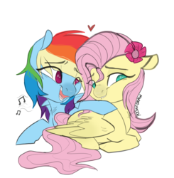 Size: 1600x1632 | Tagged: safe, artist:poowndraww, fluttershy, rainbow dash, pegasus, pony, g4, blushing, embarrassed, female, flower, flower in hair, heart, lesbian, looking away, mare, music notes, prone, ship:flutterdash, shipping, simple background, singing, smiling, transparent background, wings