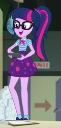 Size: 245x512 | Tagged: safe, screencap, sci-twi, twilight sparkle, all the world's off stage, equestria girls, equestria girls series, g4, all the world's off stage: twilight sparkle, clothes, confident, cropped, female, geode of telekinesis, glasses, legs, magical geodes, open mouth, ponytail, skirt, talking