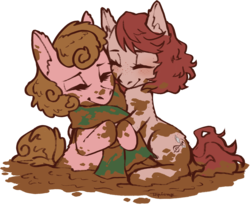 Size: 3009x2467 | Tagged: safe, artist:taytinabelle, oc, oc only, oc:harmony hugs, oc:mud puddle, earth pony, pony, brown hair, clothes, comfy, cute, cutie mark, female, high res, hug, mare, mud, red hair, scarf, secret santa, smiling, wet and messy