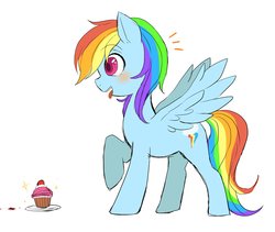 Size: 3382x2850 | Tagged: safe, artist:hosikawa, rainbow dash, pegasus, pony, g4, blushing, cupcake, emanata, female, food, high res, mare, rainbow and cupcakes, raised hoof, simple background, solo, tongue out, white background