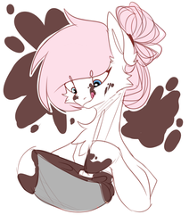 Size: 856x1010 | Tagged: safe, artist:teapup, oc, oc only, oc:teddy bear, pony, baking, baking cake, bowl, bun, cake, chocolate, cooking, cute, food, hairstyle, licking, licking lips, mixing, solo, tongue out