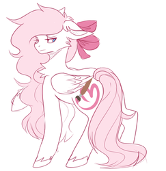 Size: 902x928 | Tagged: safe, artist:teapup, oc, oc only, oc:teddy bear, pegasus, pony, bow, cutie mark, expression, hair bow, long mane, looking back, pink mane, solo, unimpressed, white fur