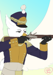 Size: 479x671 | Tagged: safe, artist:kitsunehino, oc, oc only, oc:felix, avian, griffon, clothes, flintlock, gloves, infantry, musket, musketeer, napoleonic wars, simple background, solo, uniform, weapon, wings