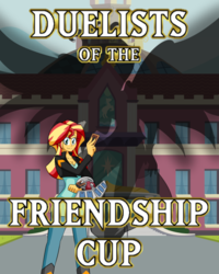 Size: 493x617 | Tagged: safe, artist:jake heritagu, edit, editor:drakeyc, sunset shimmer, fanfic:duelists of the friendship cup, equestria girls, g4, my little pony equestria girls: friendship games, canterlot high, cover art, daydream shimmer, duel disk, fanfic, shadow, trading card game, yu-gi-oh!