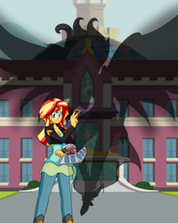Size: 493x617 | Tagged: safe, artist:jake heritagu, sunset shimmer, equestria girls, g4, my little pony equestria girls: friendship games, canterlot high, cover art, daydream shimmer, duel disk, fanfic, shadow, yu-gi-oh!